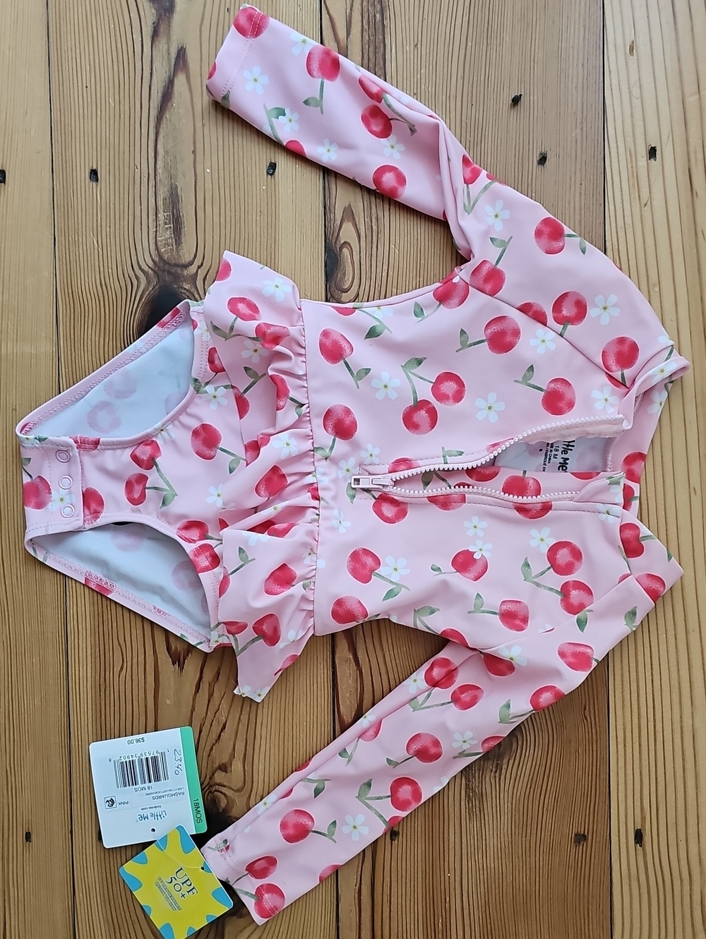Little Me Pink Cherry Ruffle Front-Zip Long-Sleeve Swimsuit